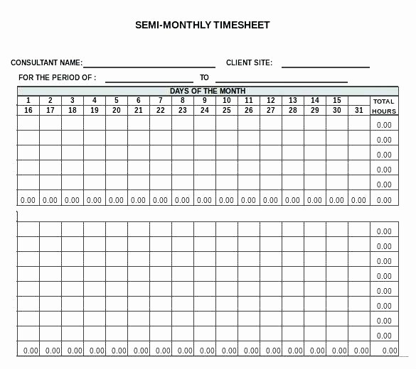 Bi Monthly Timesheet Template Excel Inspirational Bi Weekly Timesheet Template with Lunch Blank Biweekly In