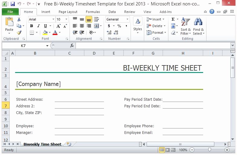 Bi Weekly Employee Timesheet Template Awesome Free Bi Weekly Timesheet Template for Excel 2013