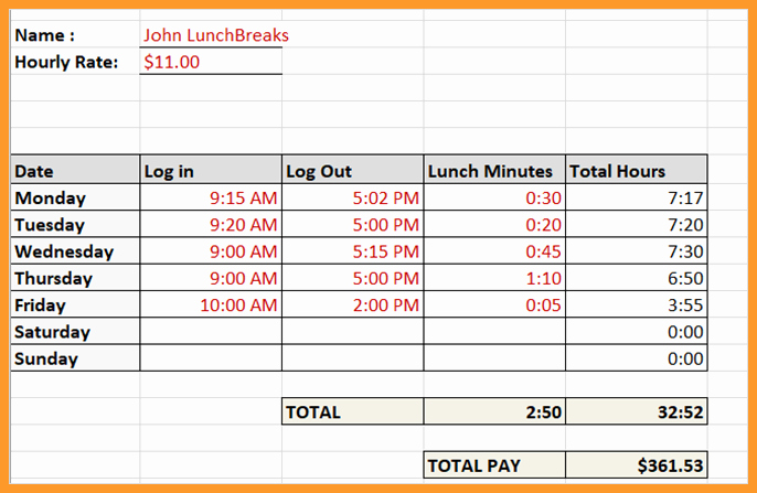 Bi Weekly Timecard with Lunch Beautiful 7 8 Time Card Calculator with Lunch Break