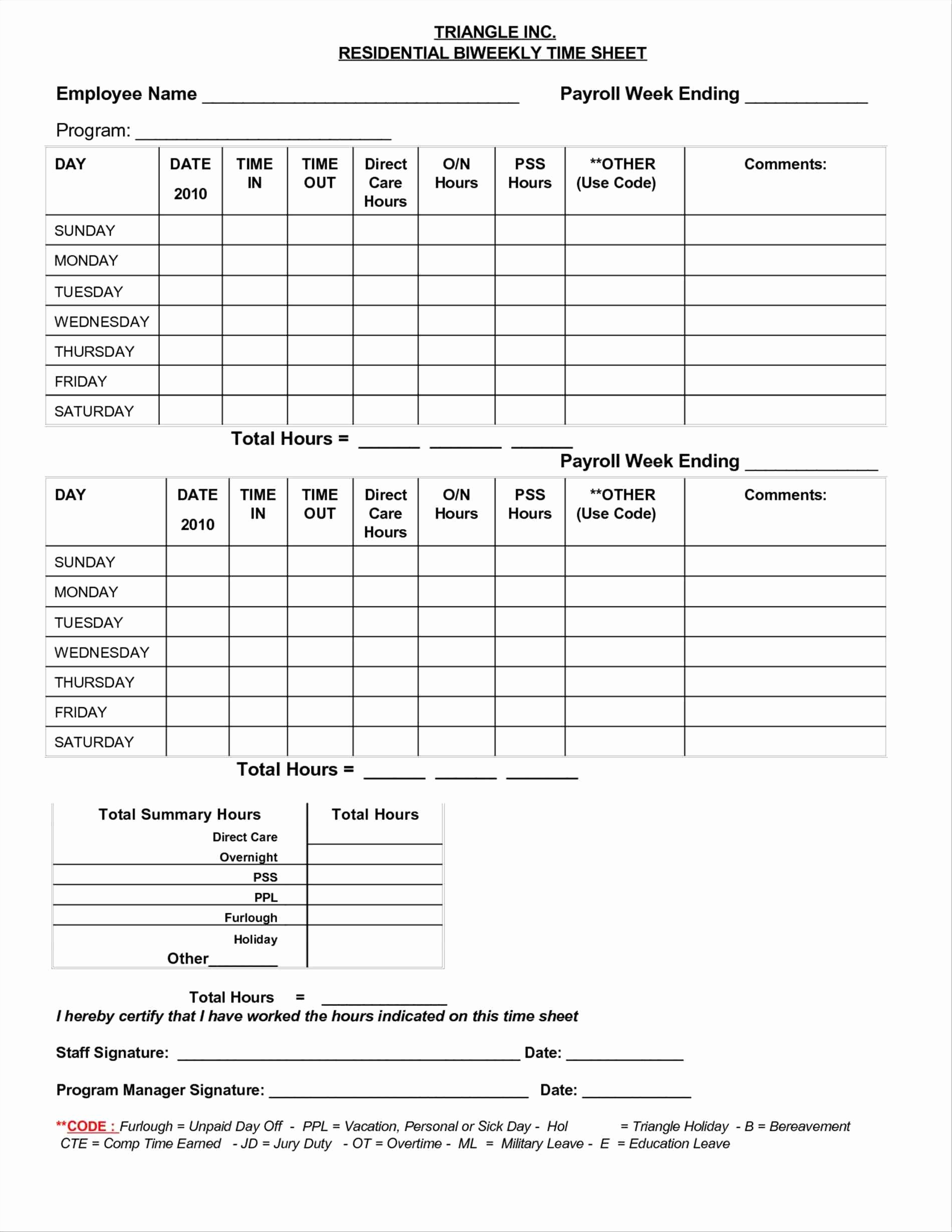 Printable Simple Biweekly Timesheet Template