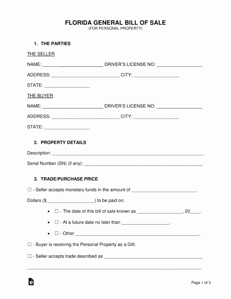 Bill Of Sale Auto Florida Lovely Free Florida General Bill Of Sale form Word