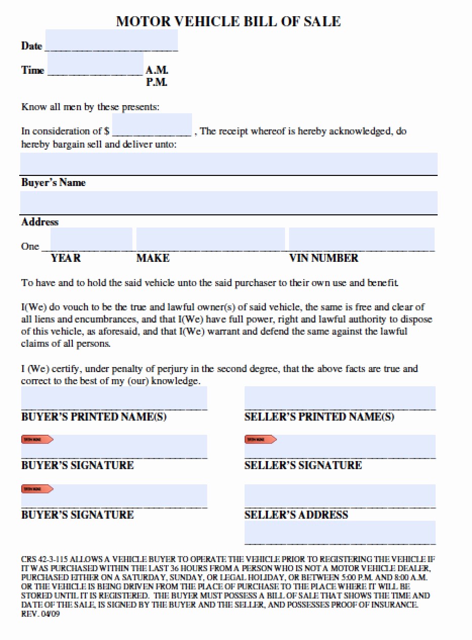 Bill Of Sale Auto form Awesome Free El Paso County Colorado Vehicle Bill Of Sale form