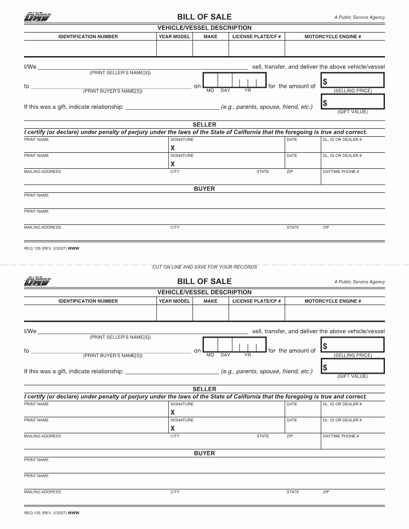 Bill Of Sale Auto form New Free California Vehicle Bill Of Sale form Download Pdf