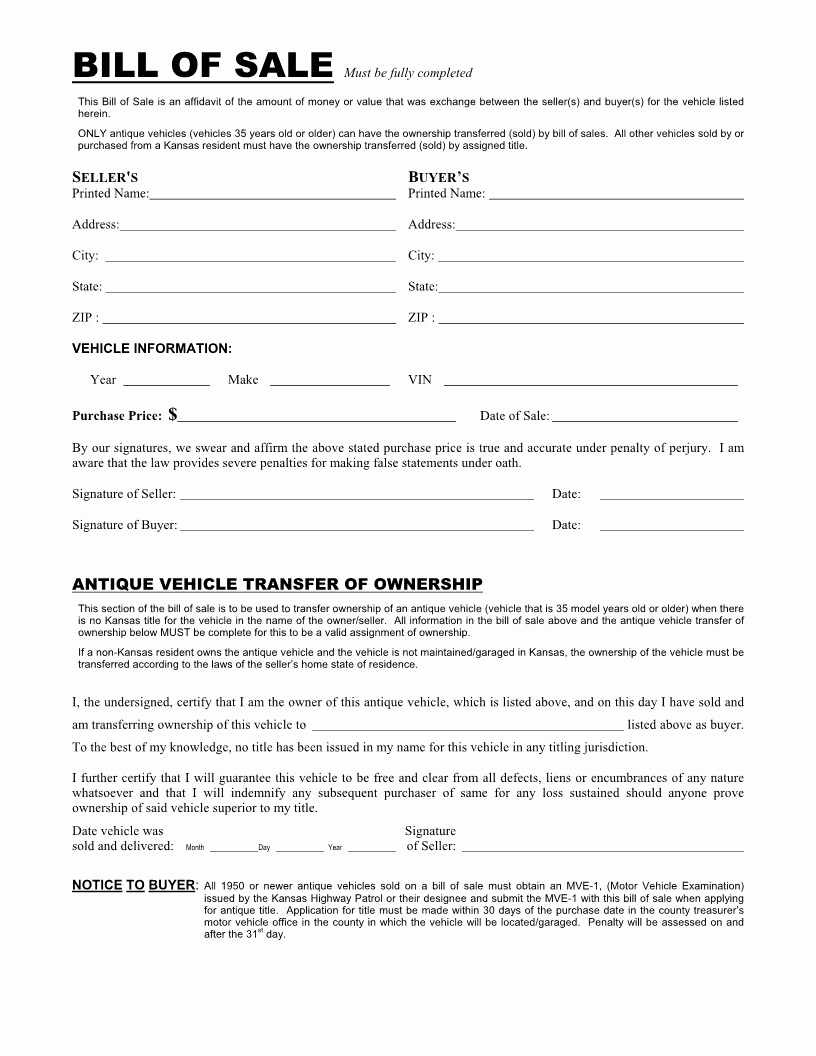 Bill Of Sale Blank Document Elegant Free Kansas Vehicle Bill Of Sale form Download Pdf