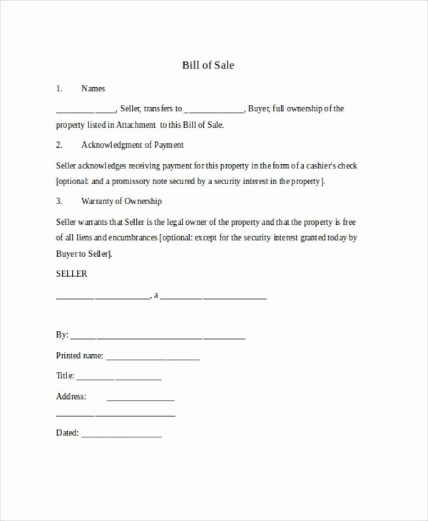 Bill Of Sale Blank Document Fresh Bill Of Sale form In Word