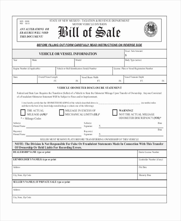 Bill Of Sale Blank Document Luxury Bill Of Sale Vehicle form Sample 8 Free Documents In