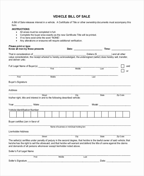 Bill Of Sale Blank Document New Sample Car Bill Of Sale forms 9 Free Documents In Pdf