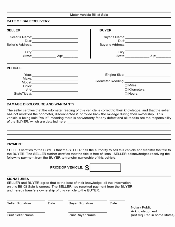 Bill Of Sale Car Free New Motor Vehicle Bill Of Sale Template Free Download