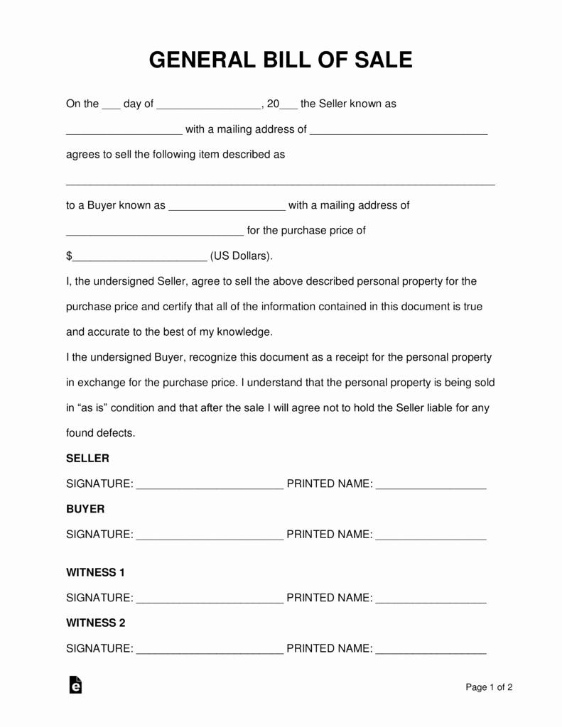 Bill Of Sale Example form Inspirational Free General Personal Property Bill Of Sale form Word