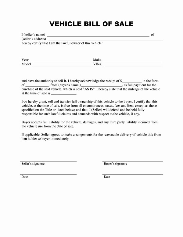 Bill Of Sale Example Letter Fresh Free Printable Auto Bill Of Sale form Generic