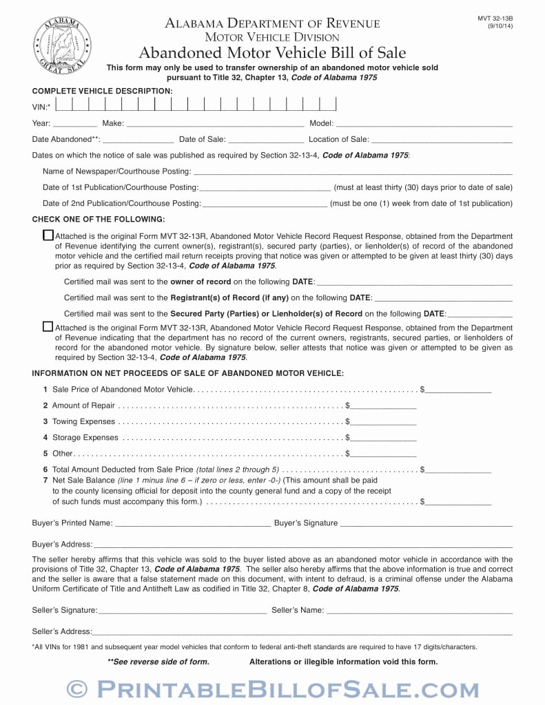 Bill Of Sale form Download Best Of Free Alabama Abandoned Vehicle Bill Of Sale form