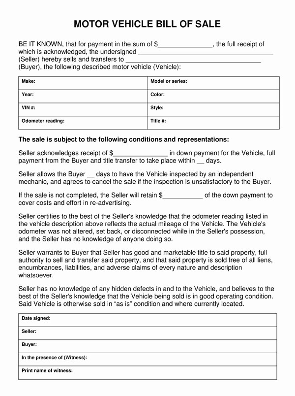 Bill Of Sale form Example Lovely Bill Sale Template
