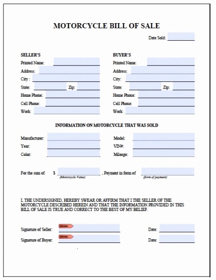 Bill Of Sale form Motorcycle Fresh Free Printable Motorcycle Bill Of Sale form Generic