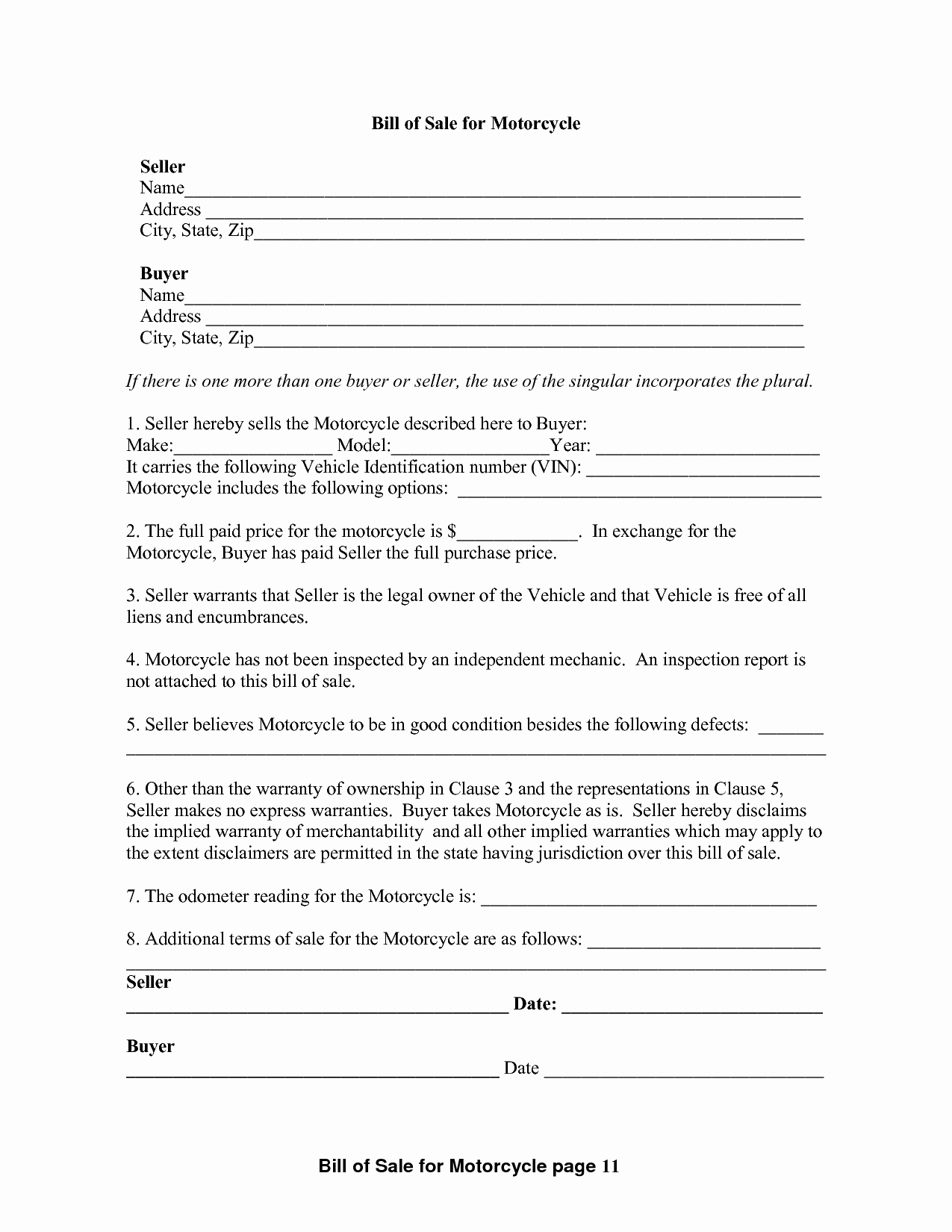 Bill Of Sale form Motorcycle Inspirational Free Printable Motorcycle Bill Of Sale form Generic