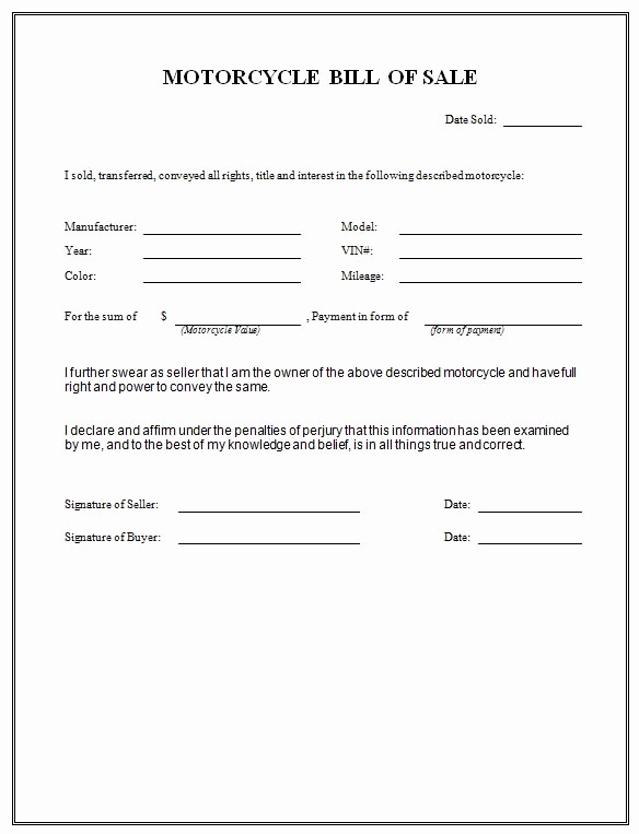 Bill Of Sale form Motorcycle Lovely Free Printable Motorcycle Bill Of Sale form Generic