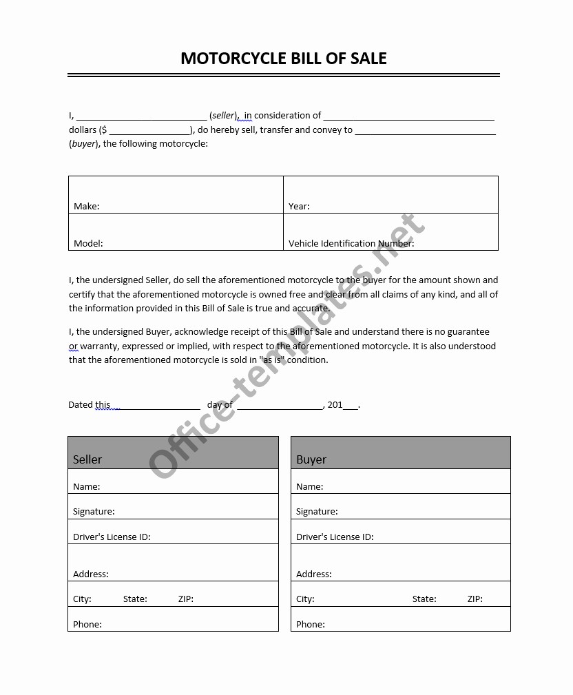 Bill Of Sale form Motorcycle New Motorcycle Bill Of Sale