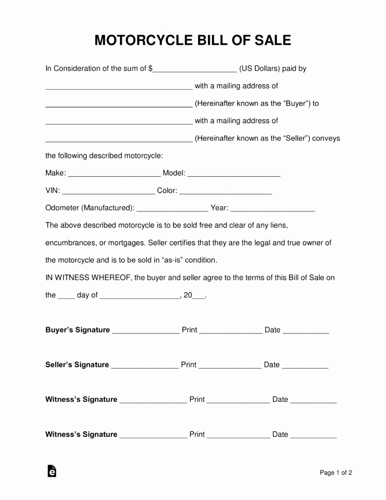 Bill Of Sale form Motorcycle Unique Free Motorcycle Bill Of Sale form Pdf Word