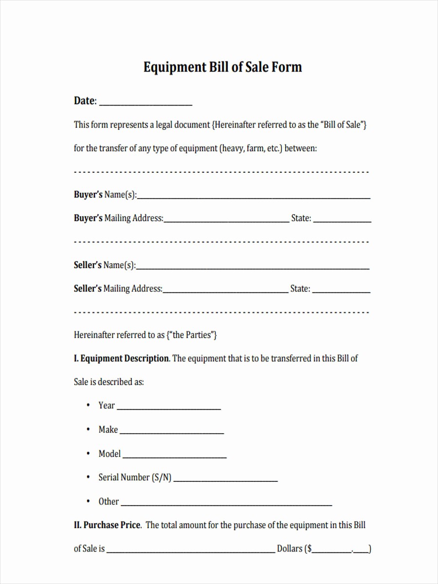 Bill Of Sale Free form Lovely Equipment Bill Of Sale form 6 Free Documents In Word Pdf