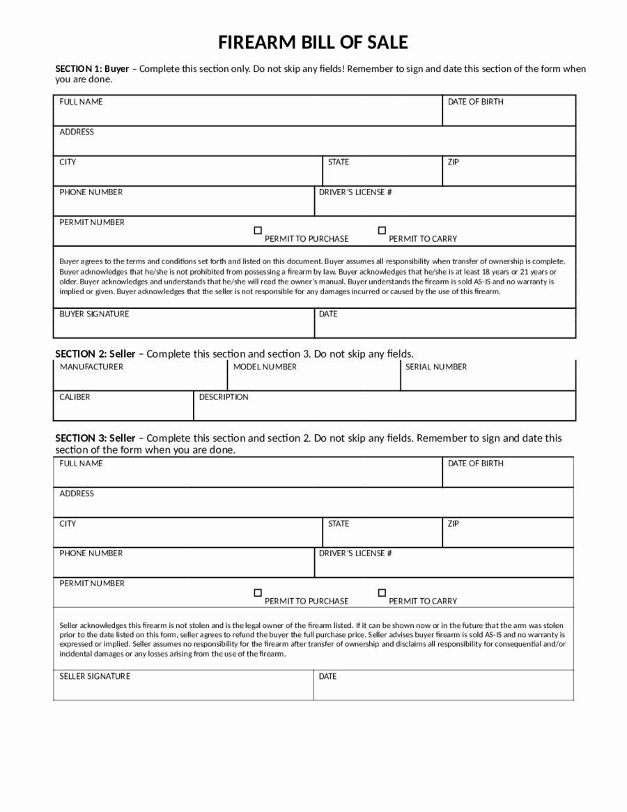 Bill Of Sale Free Printable New 2018 Firearm Bill Of Sale form Fillable Printable Pdf