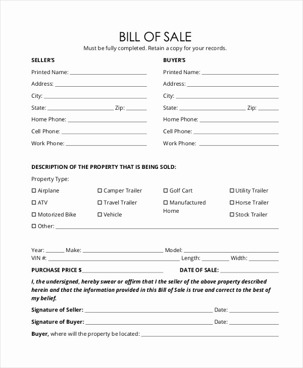 Bill Of Sale Generic form Beautiful Generic Bill Sale form