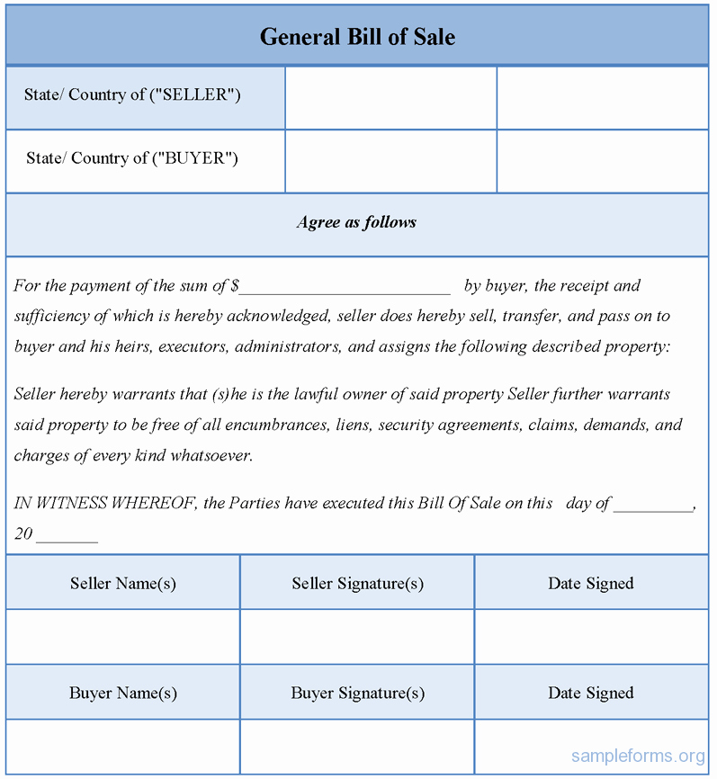 Bill Of Sale Generic form Inspirational General Bill Of Sale form Sample forms