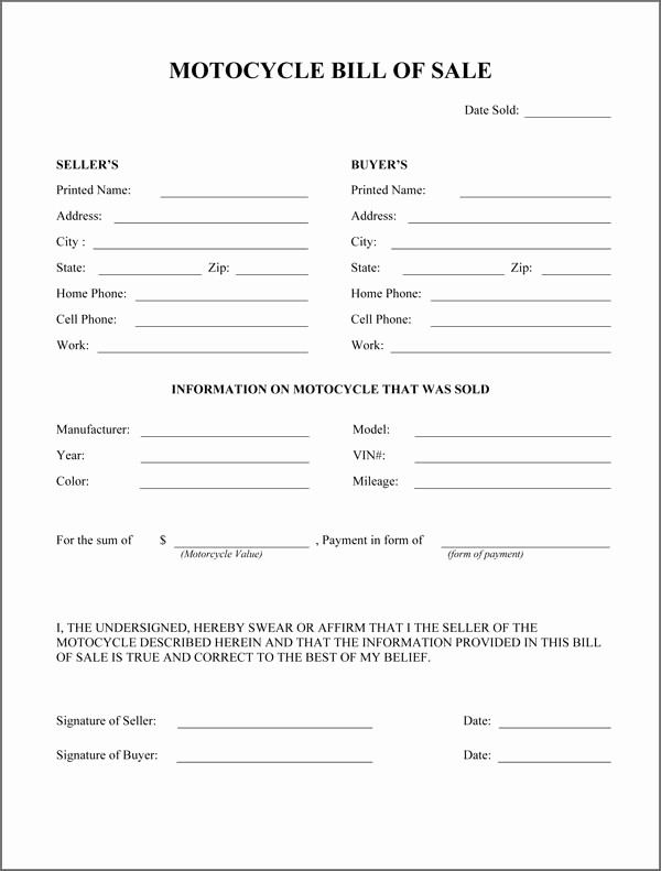 Bill Of Sale Motorcycle Template Lovely Motorcycle Bill Sale form