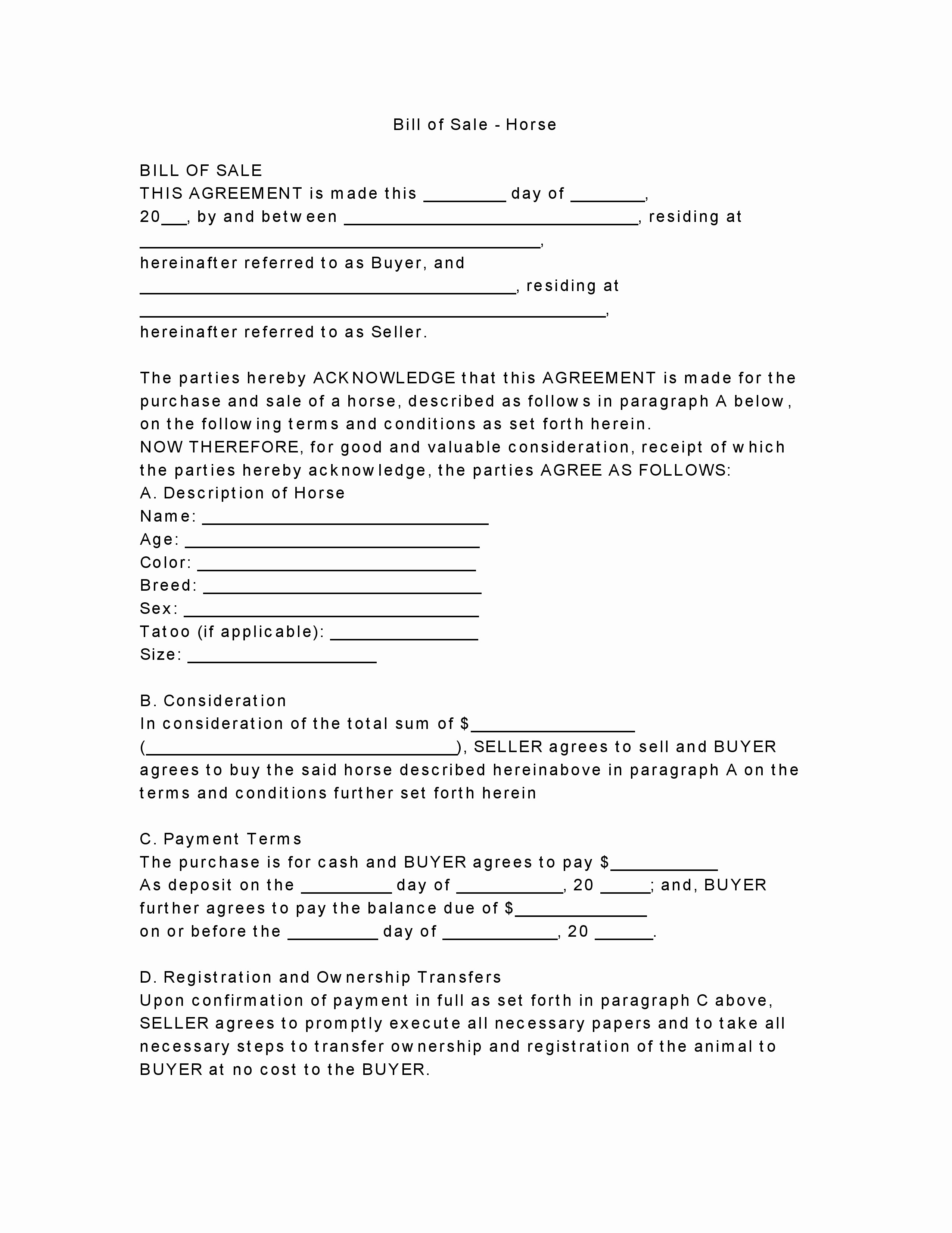 Bill Of Sale Payment Agreement Fresh Free Horse Bill Of Sale form Pdf