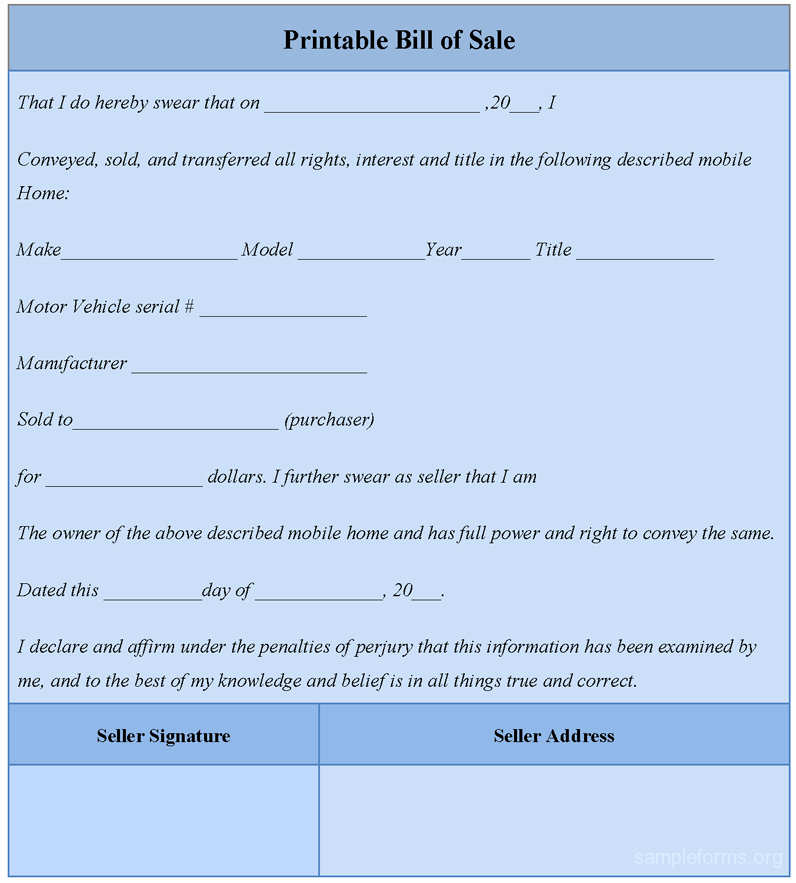 Bill Of Sale Printable Document New Printable Bill Of Sale Sample forms