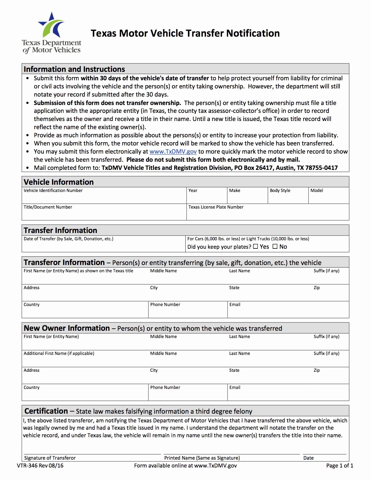Bill Of Sale Texas Template Best Of Texas Motor Vehicle Transfer Notification form Vtr 346