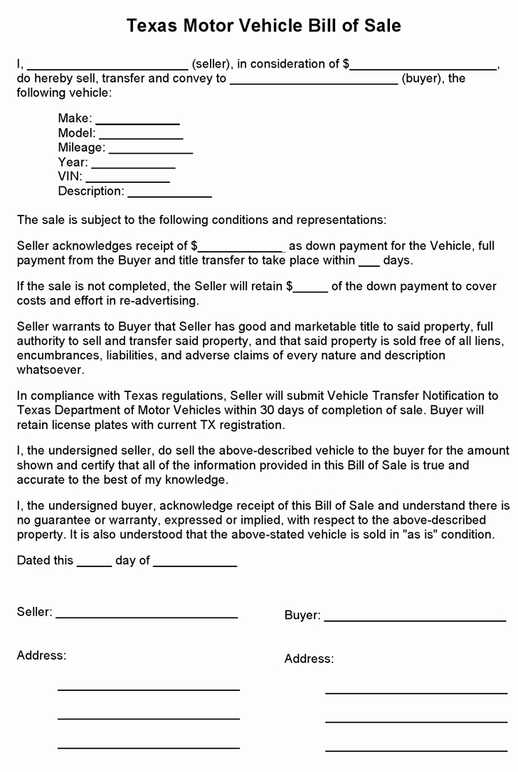 Bill Of Sale Texas Template Fresh Free Texas Motor Vehicle Bill Sale form Pdf 1 Pages