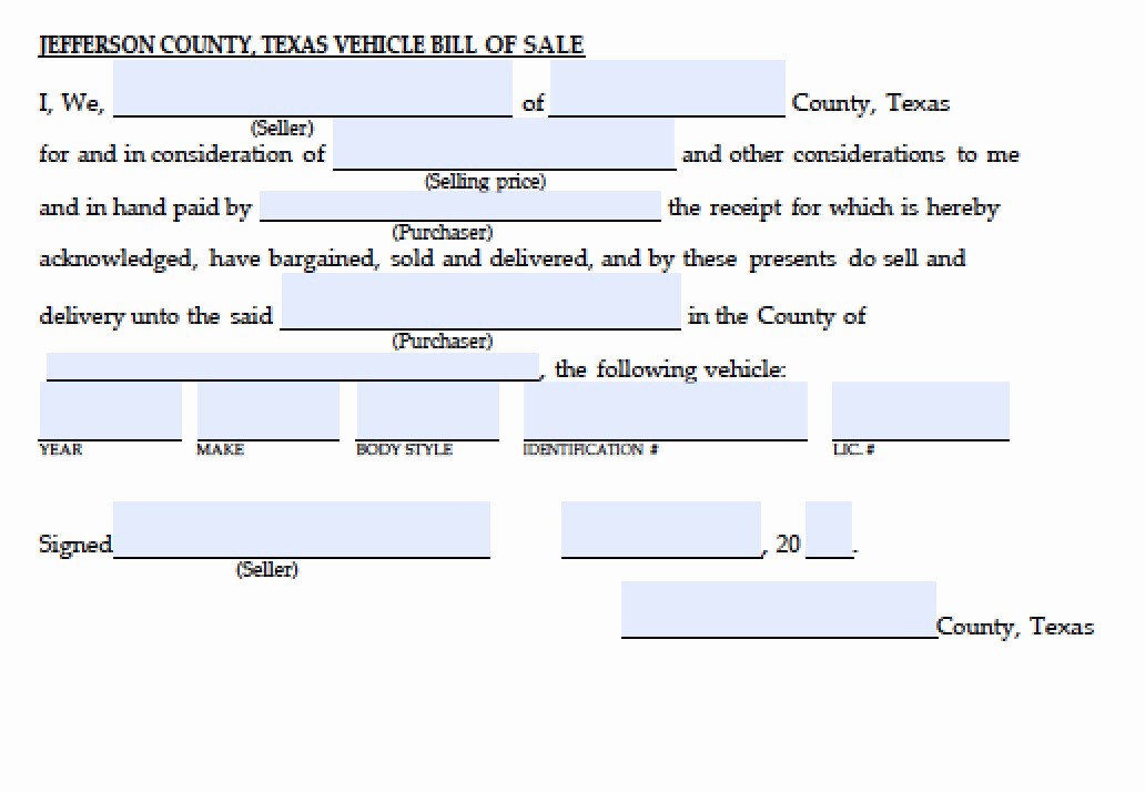 Bill Of Sale Texas Template Inspirational Free Jefferson County Texas Vehicle Bill Of Sale form