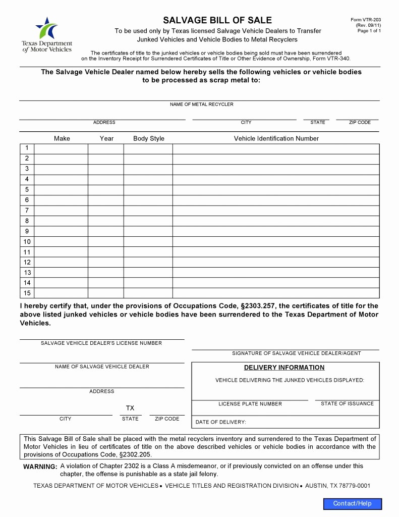 Bill Of Sale Vehicle Texas New Free Texas Salvage Vehicle Bill Of Sale form Pdf