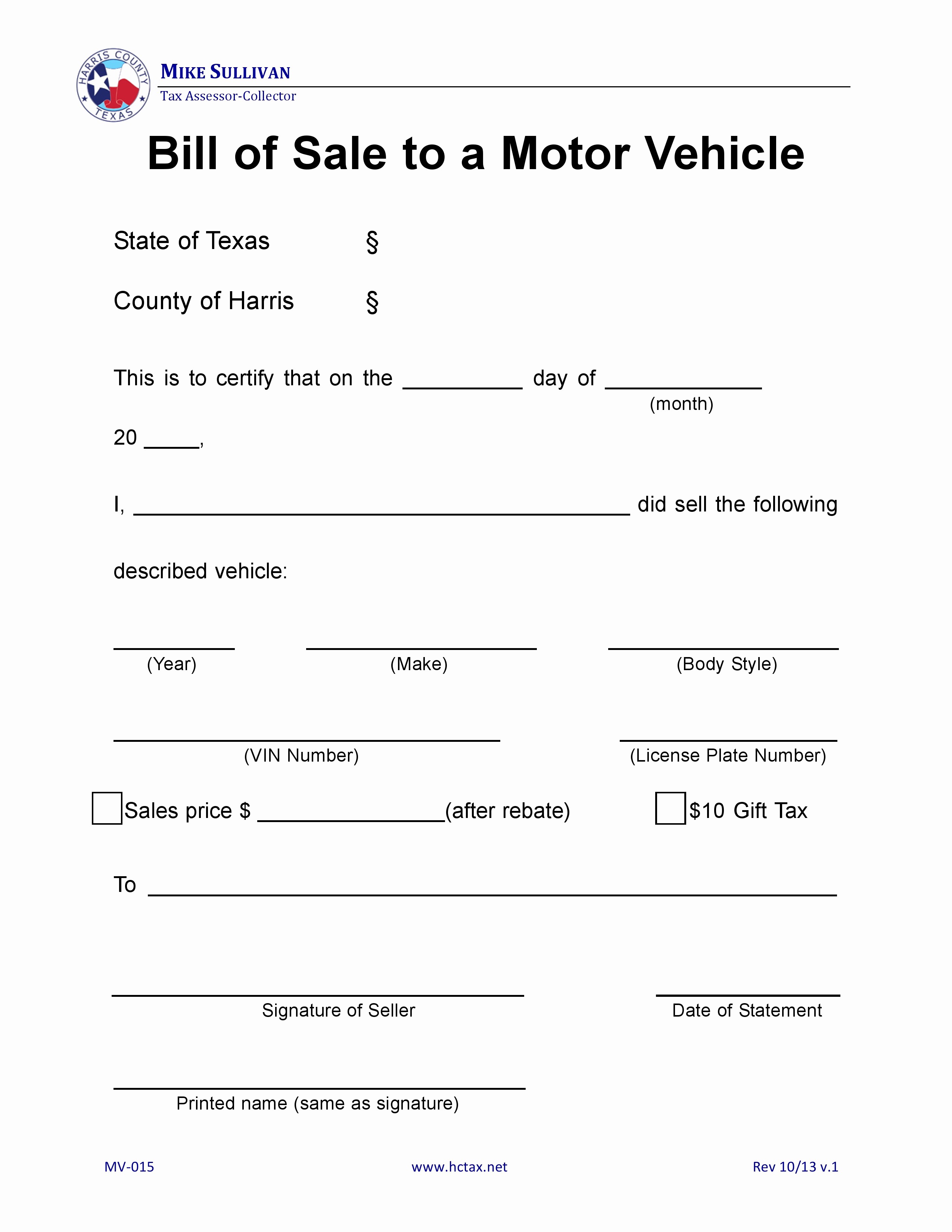 Bill Sell for A Car Beautiful Free Harris County Texas Motor Vehicle Bill Of Sale Mv