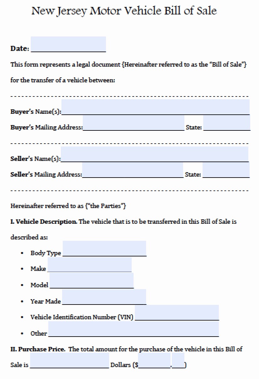 Bill Sell for A Car New Free New Jersey Motor Vehicle Car Auto Bill Of Sale form