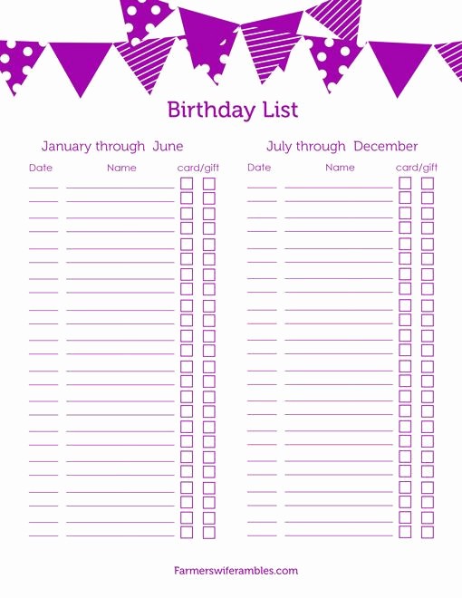 Birthday and Anniversary Calendar Template Luxury Free Birthday List Printable Editable Birthday List