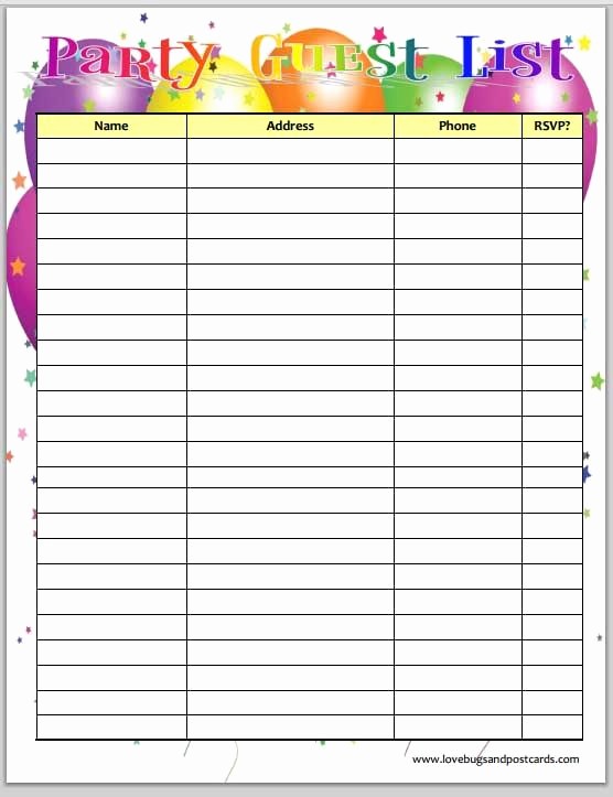 Birthday Party Guest List Template Awesome Free Printable Birthday Party Guest List Planner