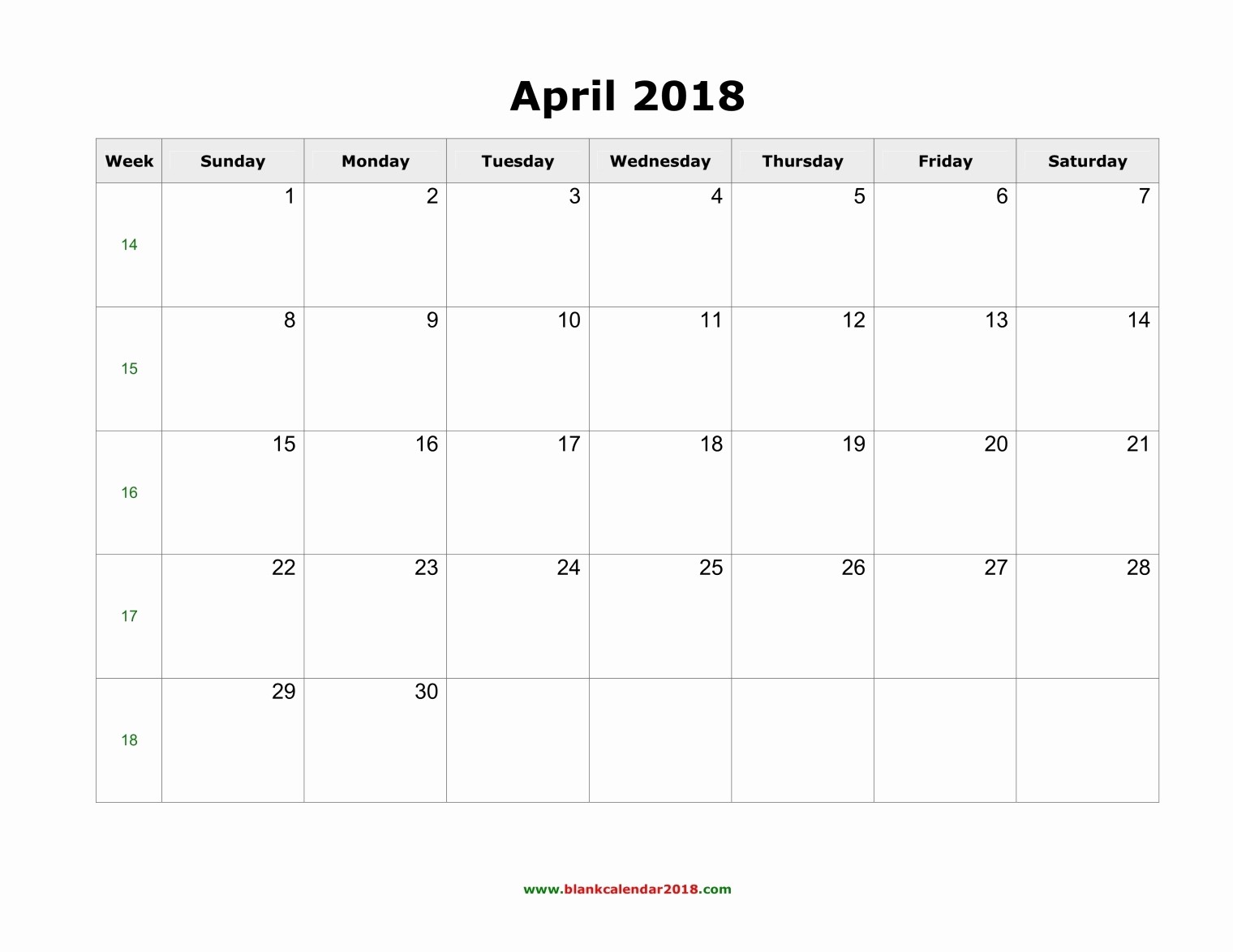 Blank April 2018 Calendar Template New Blank Calendar for April 2018
