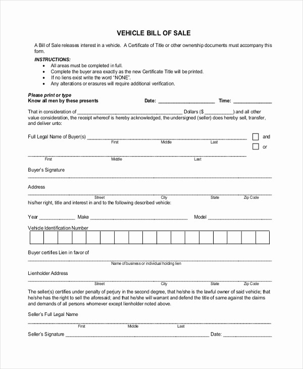 Blank Bill Of Sale Vehicle New Sample Blank Bill Of Sale form 10 Free Documents In Pdf