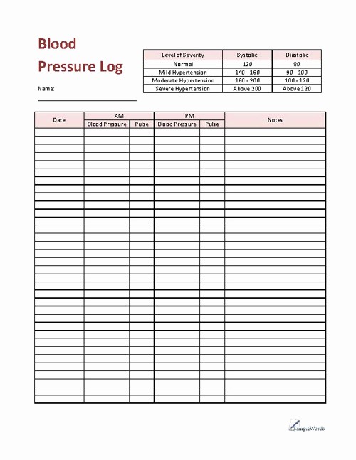 Blank Blood Pressure Tracking Chart New Blood Pressure Log Printable Pdf Download