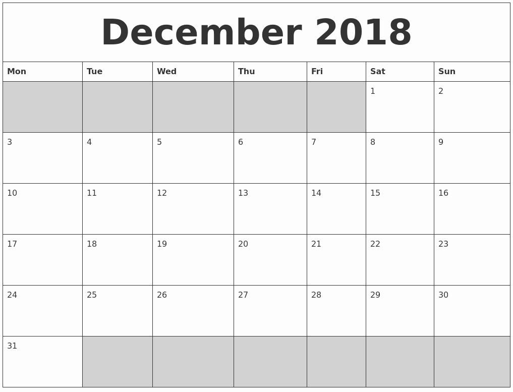Blank Calendar Template December 2018 New December 2018 Blank Printable Calendar