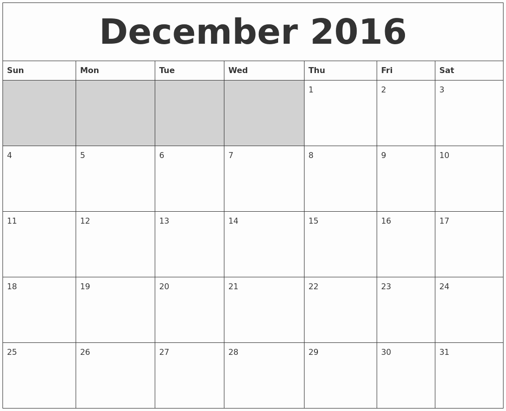 Blank December Calendar 2016 Printable Inspirational December Calendars