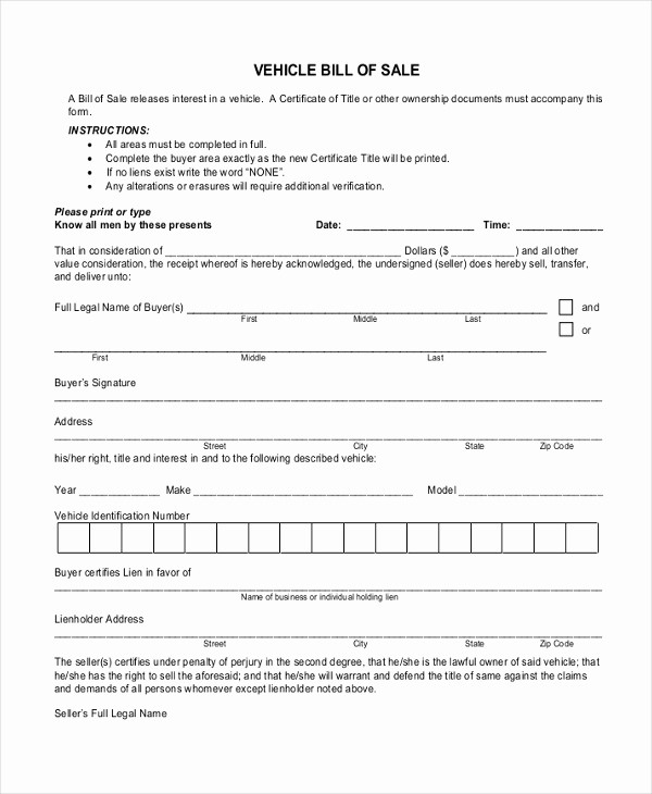 Blank Generic Bill Of Sale Elegant Free Bill Of Sale Sample forms 8 Free Documents In Pdf