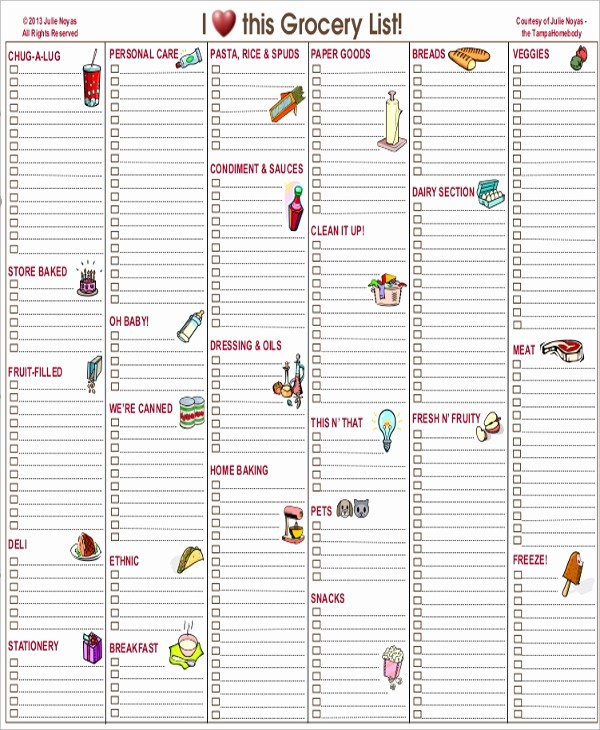 grocery list sample