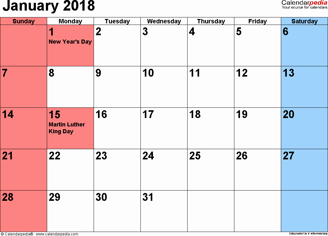 Blank January 2018 Calendar Printable Beautiful January 2018 Calendars for Word Excel &amp; Pdf