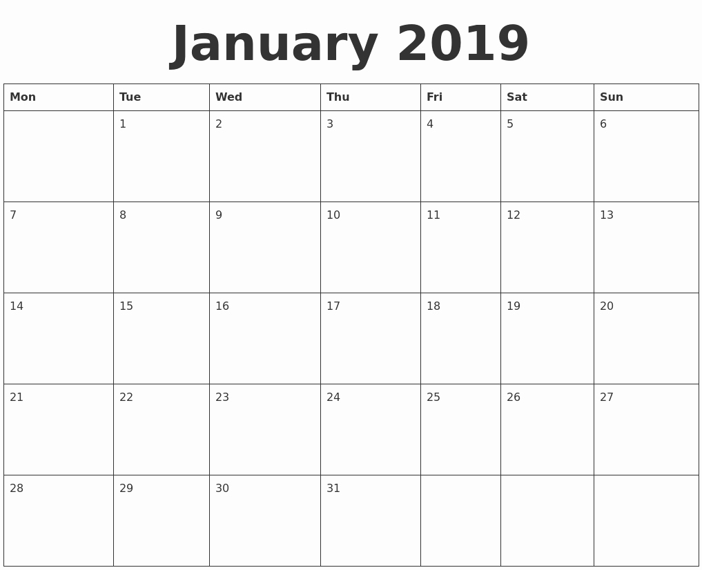 Blank January 2019 Calendar Template Awesome January 2019 Blank Calendar Template
