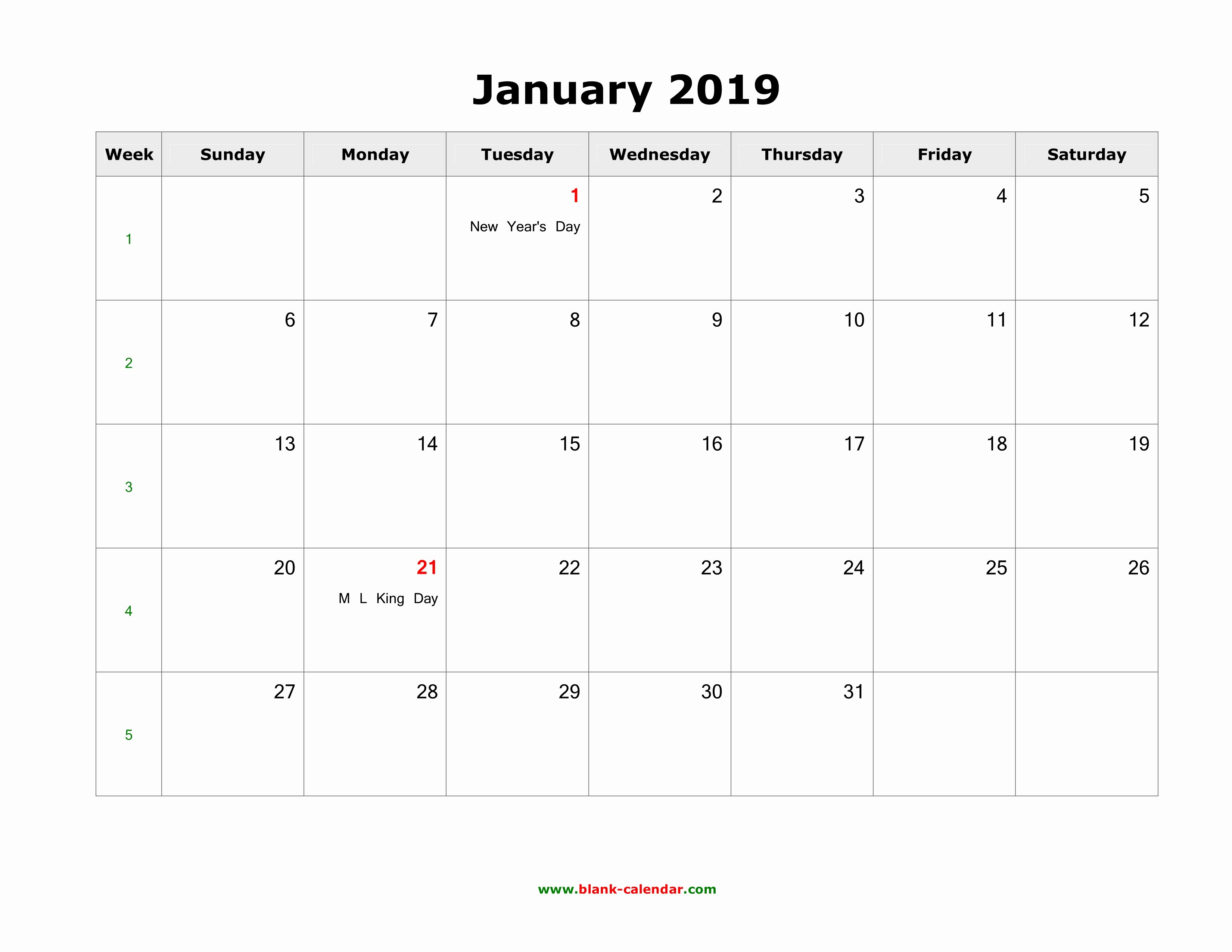 Blank January 2019 Calendar Template Fresh January 2019 Blank Calendar