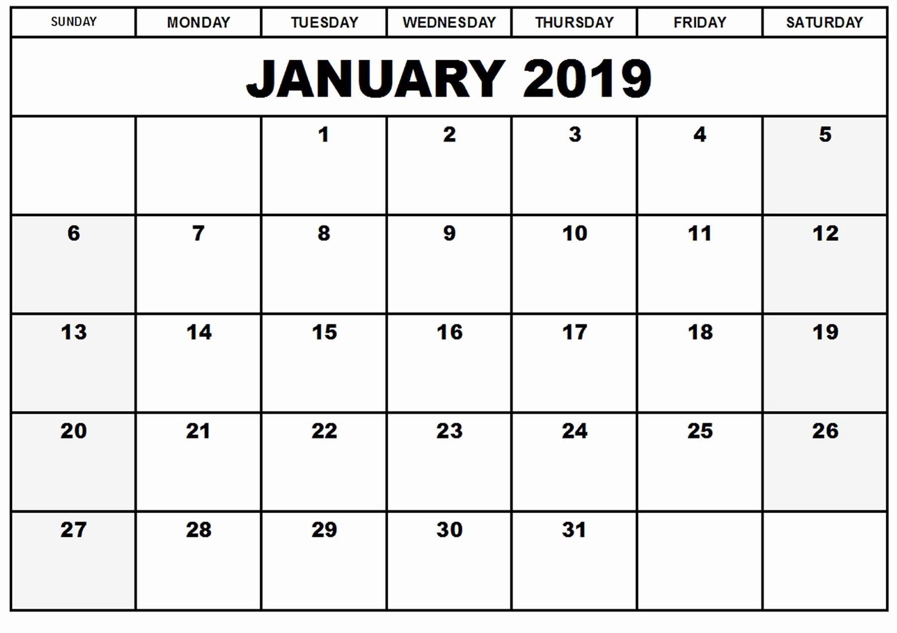 Blank January 2019 Calendar Template Lovely Pinterest