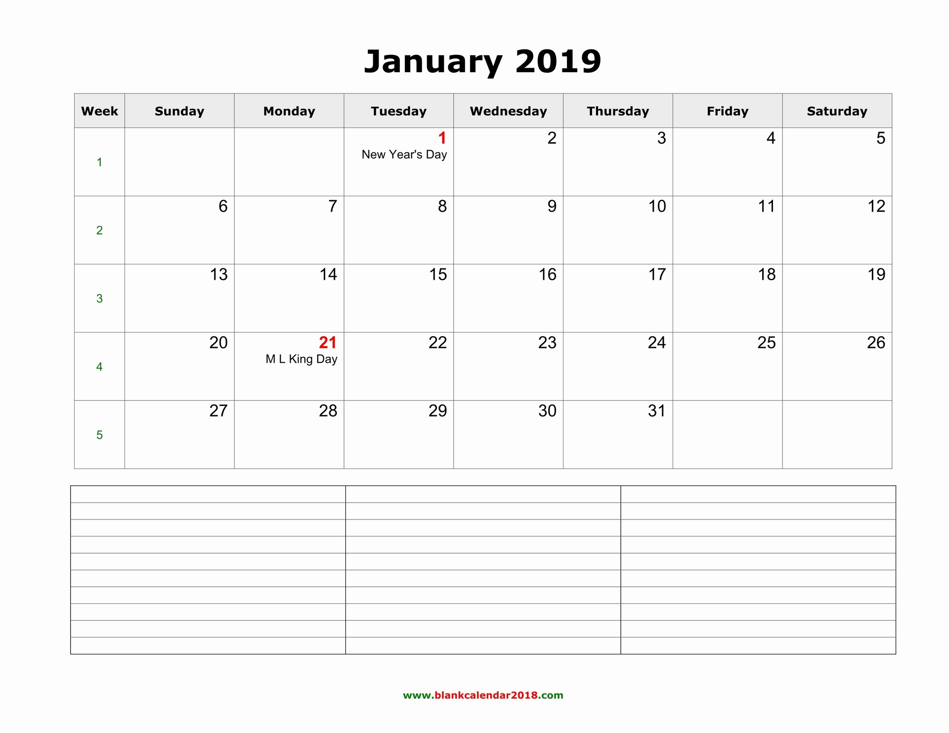 Blank January 2019 Calendar Template New Blank Calendar for January 2019