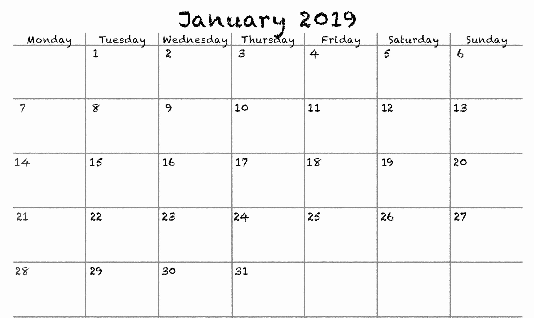 Blank January 2019 Calendar Template New Blank Calendar January 2019 Pdf Printable Template