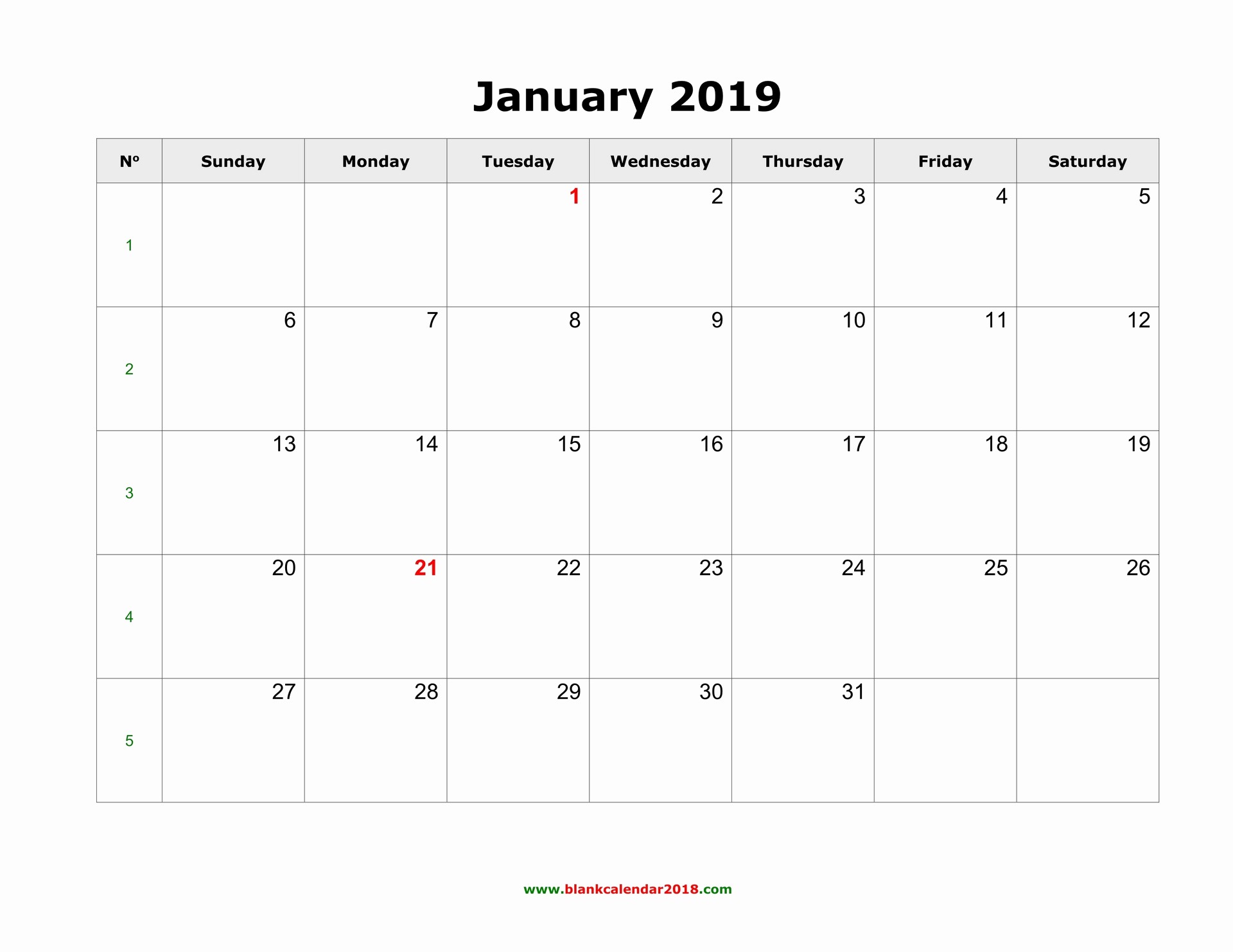 Blank January 2019 Calendar Template Unique Blank Calendar for January 2019